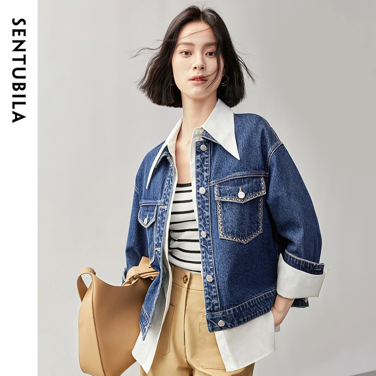 

SENTUBILA хлопковые джинсовые куртки с вышивкой для женщин, осень 2022, повседневное короткое джинсовое пальто, женская верхняя одежда с длинными рукавами W43W56028