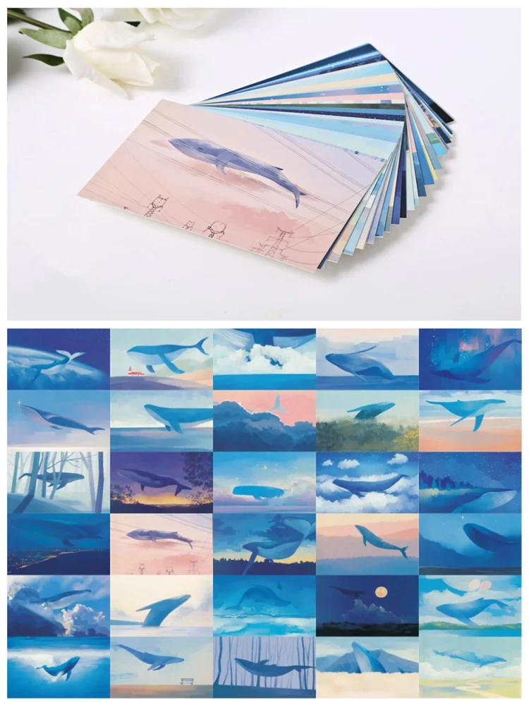 30Pcs Blue Whale Theme Post Card Birthday Greeting Card Postcards Gift Wish Card Scrapbooking Background Card Journal Decoration