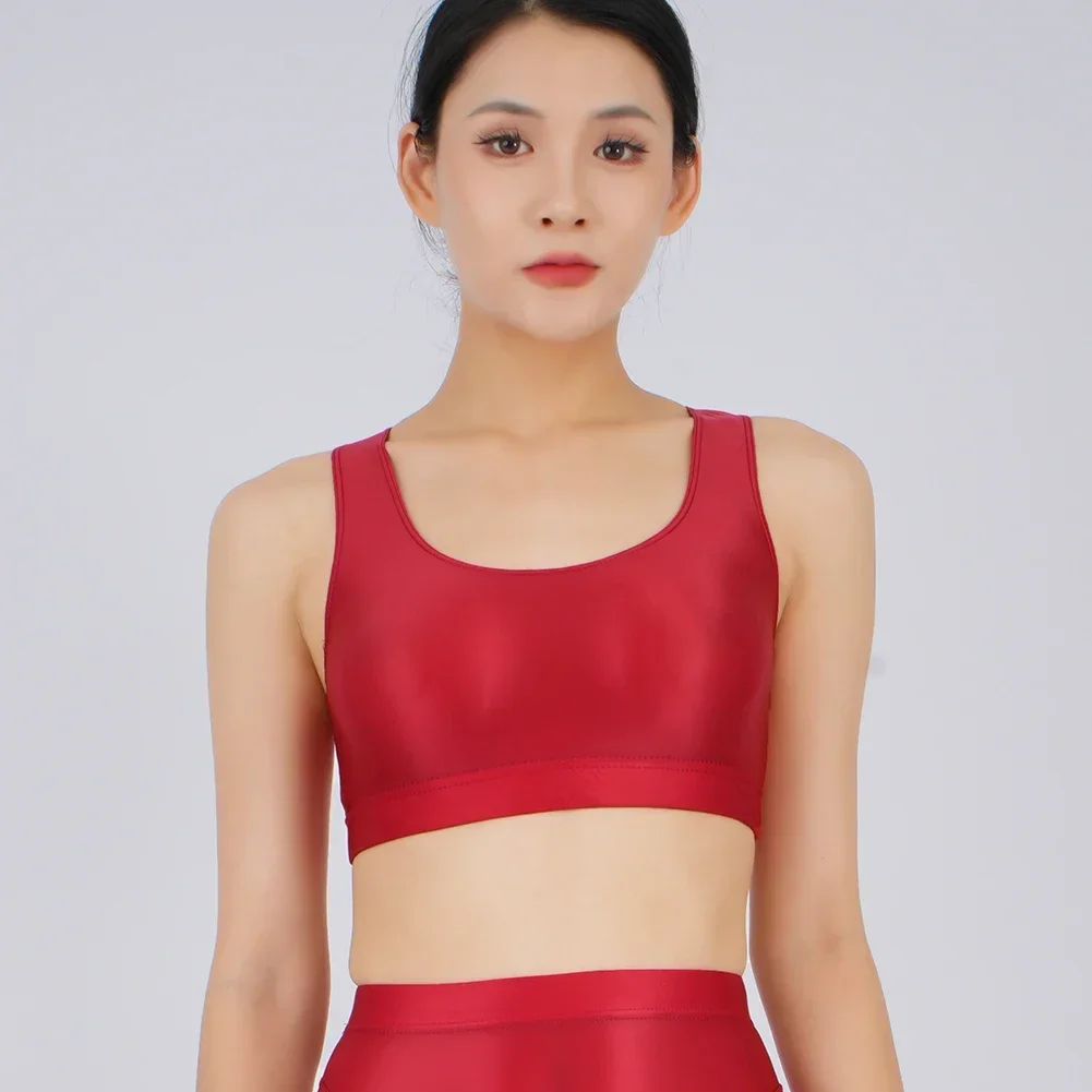 

Sexy Crop Top Women Women Glossy See-through Vest Yoga T-Shirts Gym Sports Bra U Neck Tank Tops Transparent Blouse