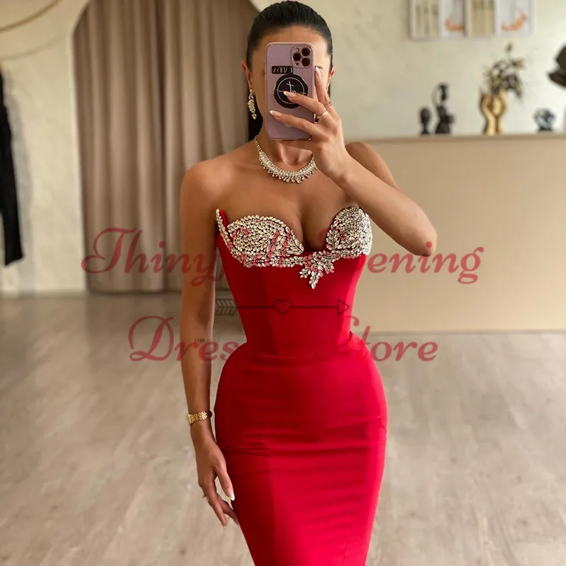 Thinyfull Red Mermaid Prom Evening Dresses Saudi Arabia Sweetheart Beading Party Dress Women Night Cocktail Prom Gowns Plus Size