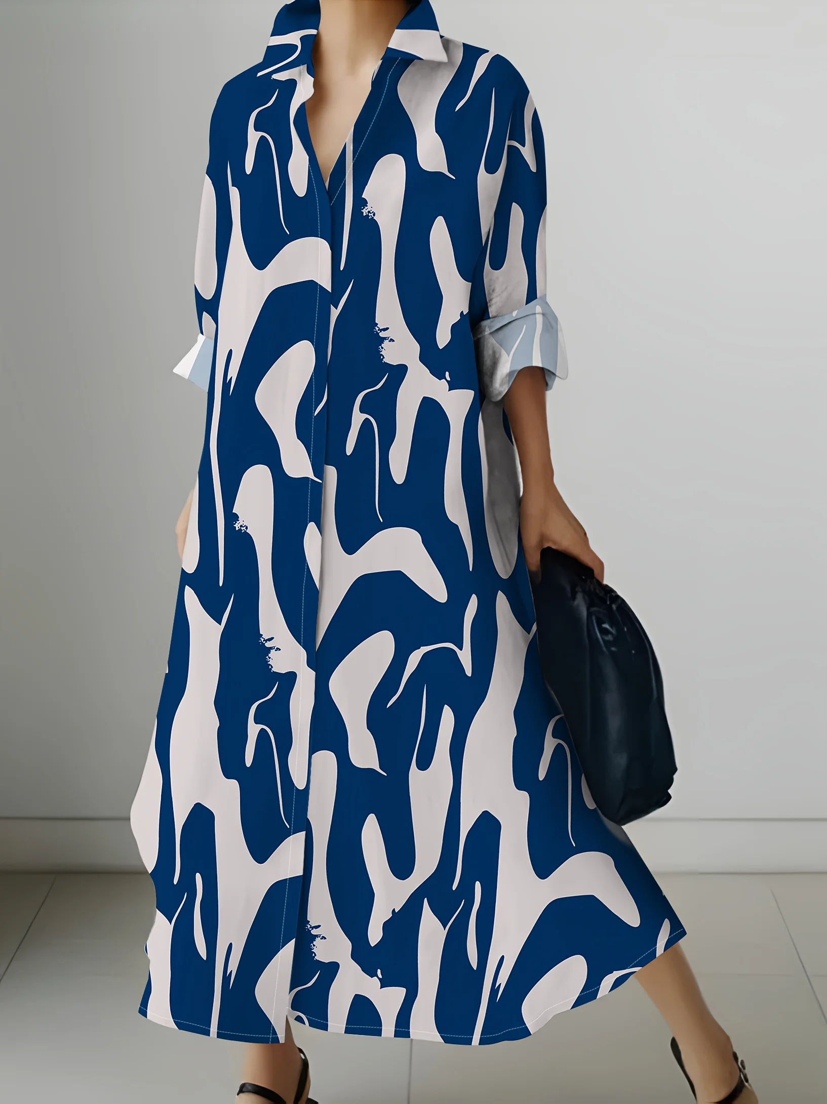 Damen-Langarm-Urlaubskleid, blau, abstrakter Druck, fließendes Midikleid, Sommerkleid, lässig, lockere Passform, A-Linien-Kleid für Reisen