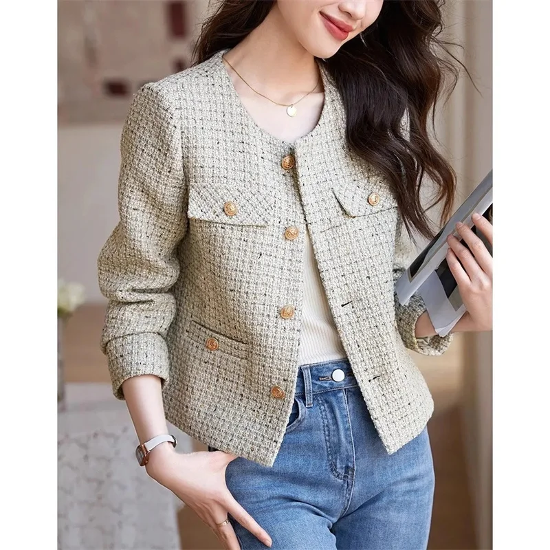 Female Advanced Feeling Long Sleeves Coat Spring Autumn Women Round Neck Short Outwear Korean Ladies Splicing Together Jacket