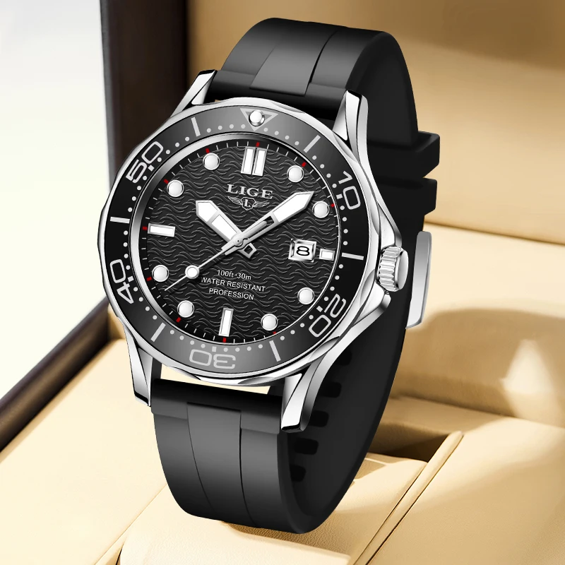 

LIGE повседневные спортивные кварцевые мужские часы, модные уличные силиконовые ремешки с автоматической датой, водонепроницаемые светящиеся простые наручные часы, мужские часы