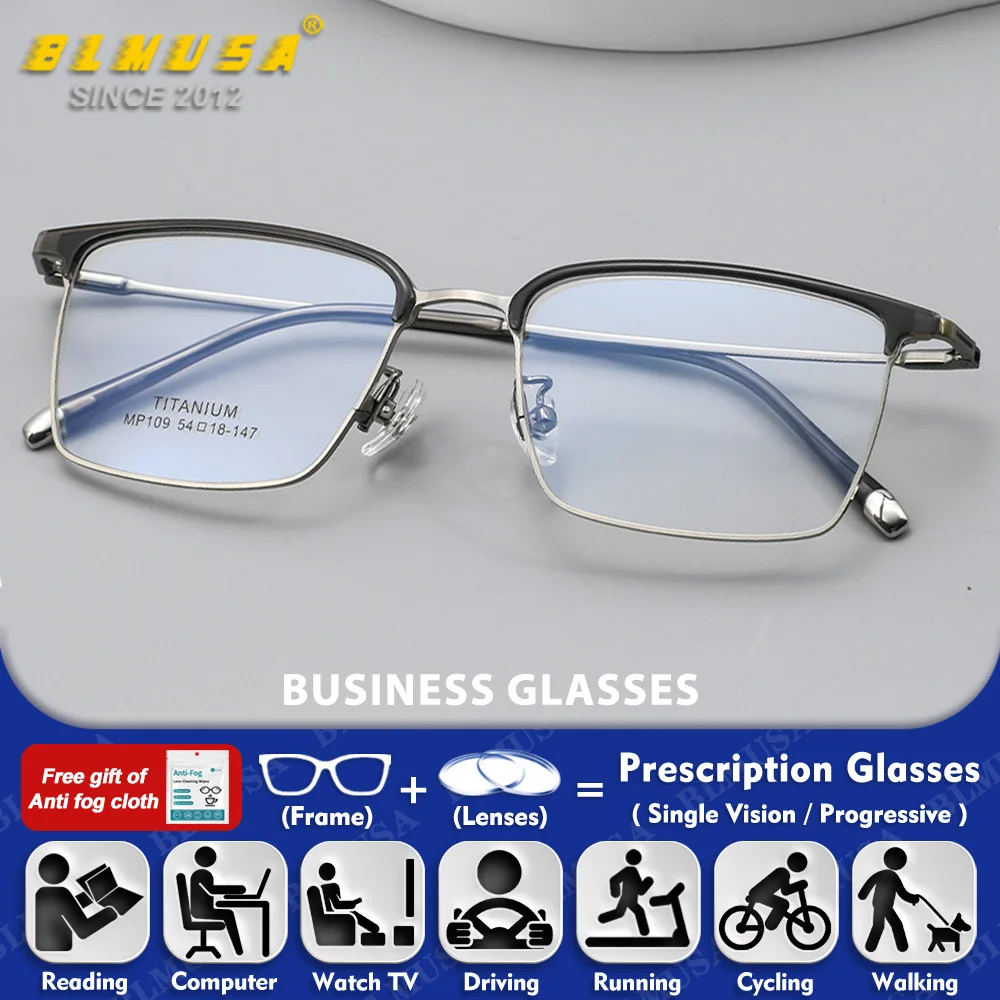 BLMUSA (L) Men Simple Business Square Myopia Photochromic Prescription Glasses Pure Titanium Anti Blue Ray Progressive Eyeware