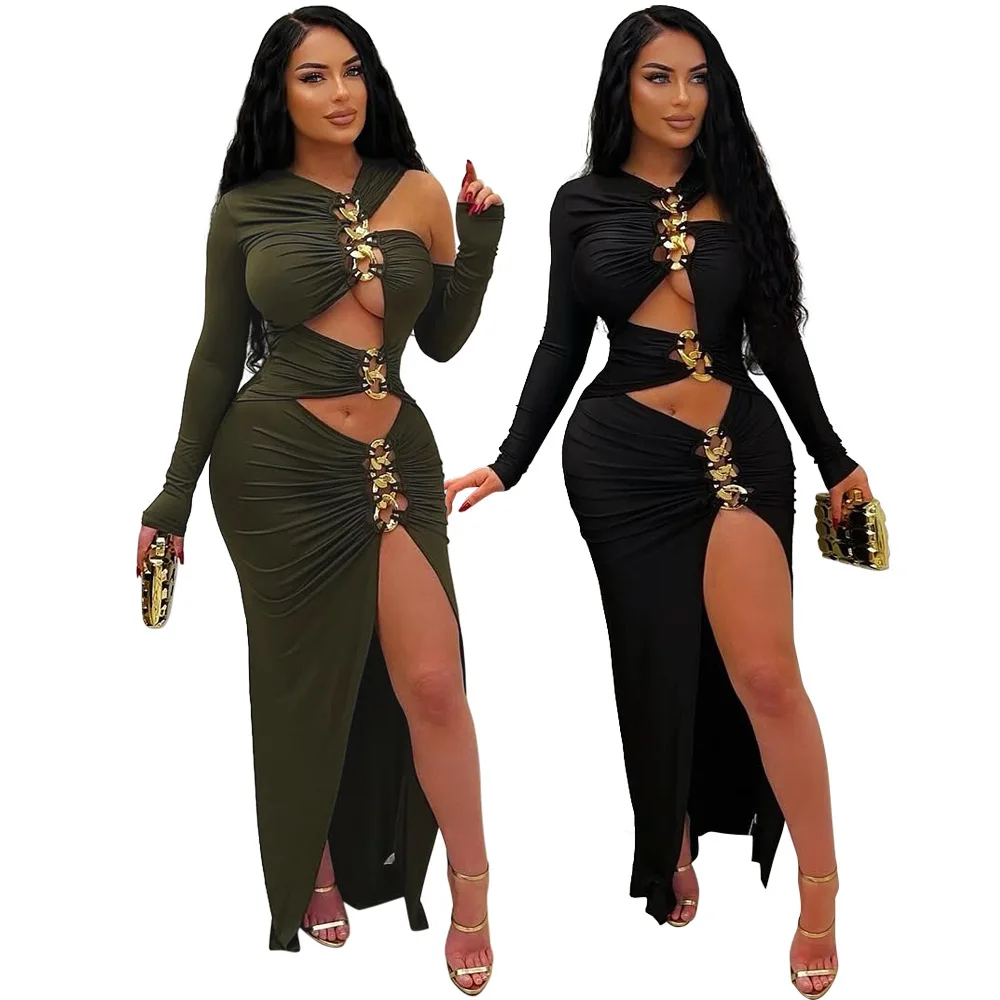 

EINY y2k Elegant Women's Hollow Out Metal Long Dresses New Chic Ruched Holiday Dresses Vacation Outfits Female Vestidos Clubwear