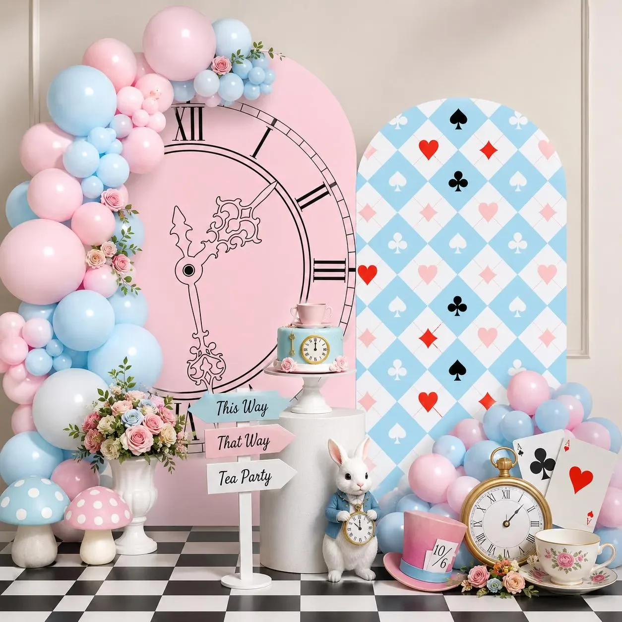 Mocsicka Alice in Wonderland Arch Cover Backdrop Pink Clock Blue Card Suit Pattern Background Girl Tea Party Birthday Photozone