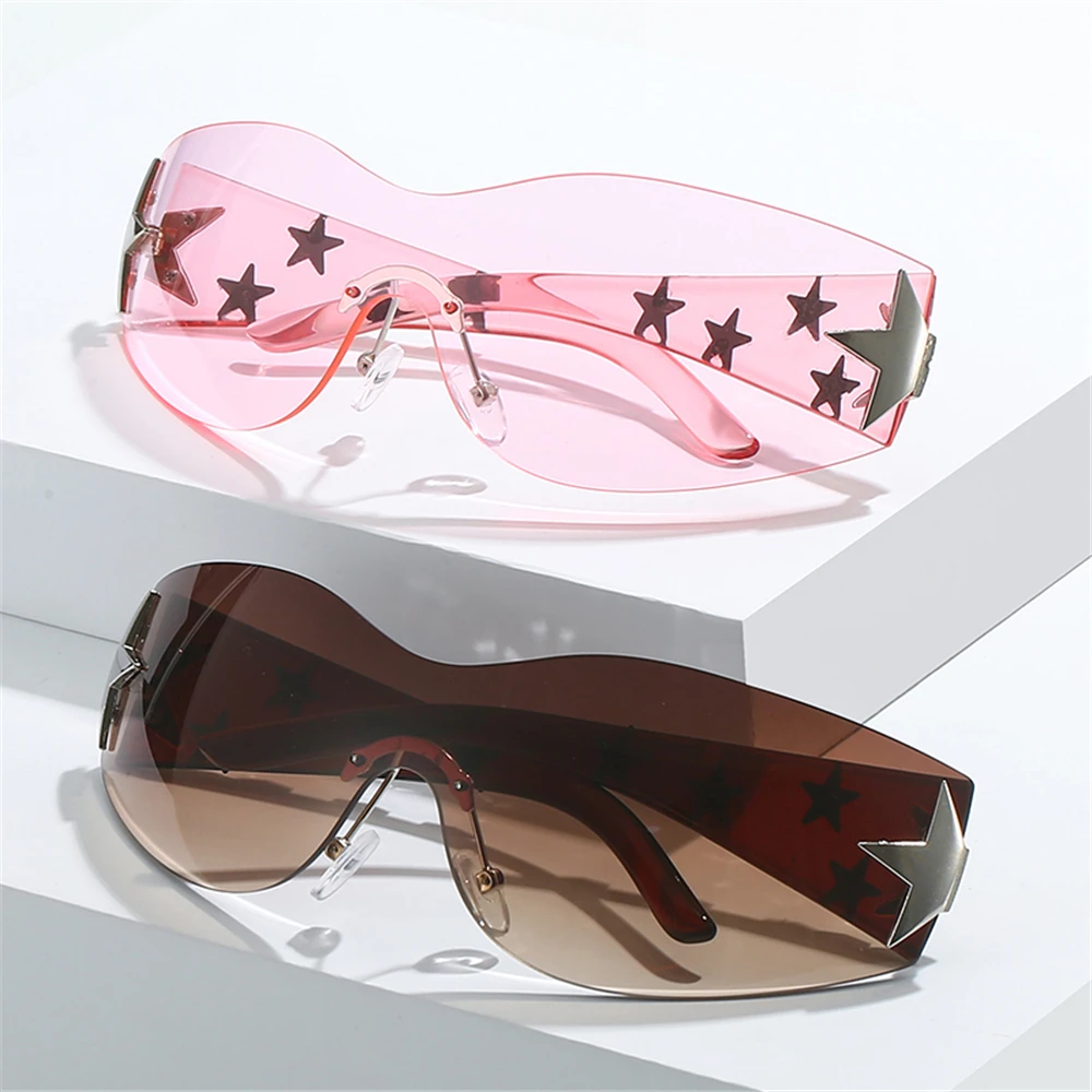 Rimless Sunglasses with Star Designs Y2K Wrap Around Eyeglasses Punk Goggles Sun Glasses Shades Motorcycle Driving Eyewear