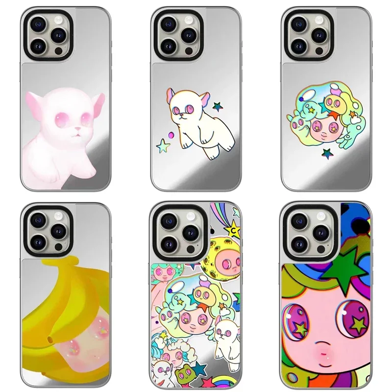 

Cartoon Big Eyes Girl Silver Border Mirror Surface MagSafe Phone Case Cover for iPhone 12 13 14 15 Pro Max Case