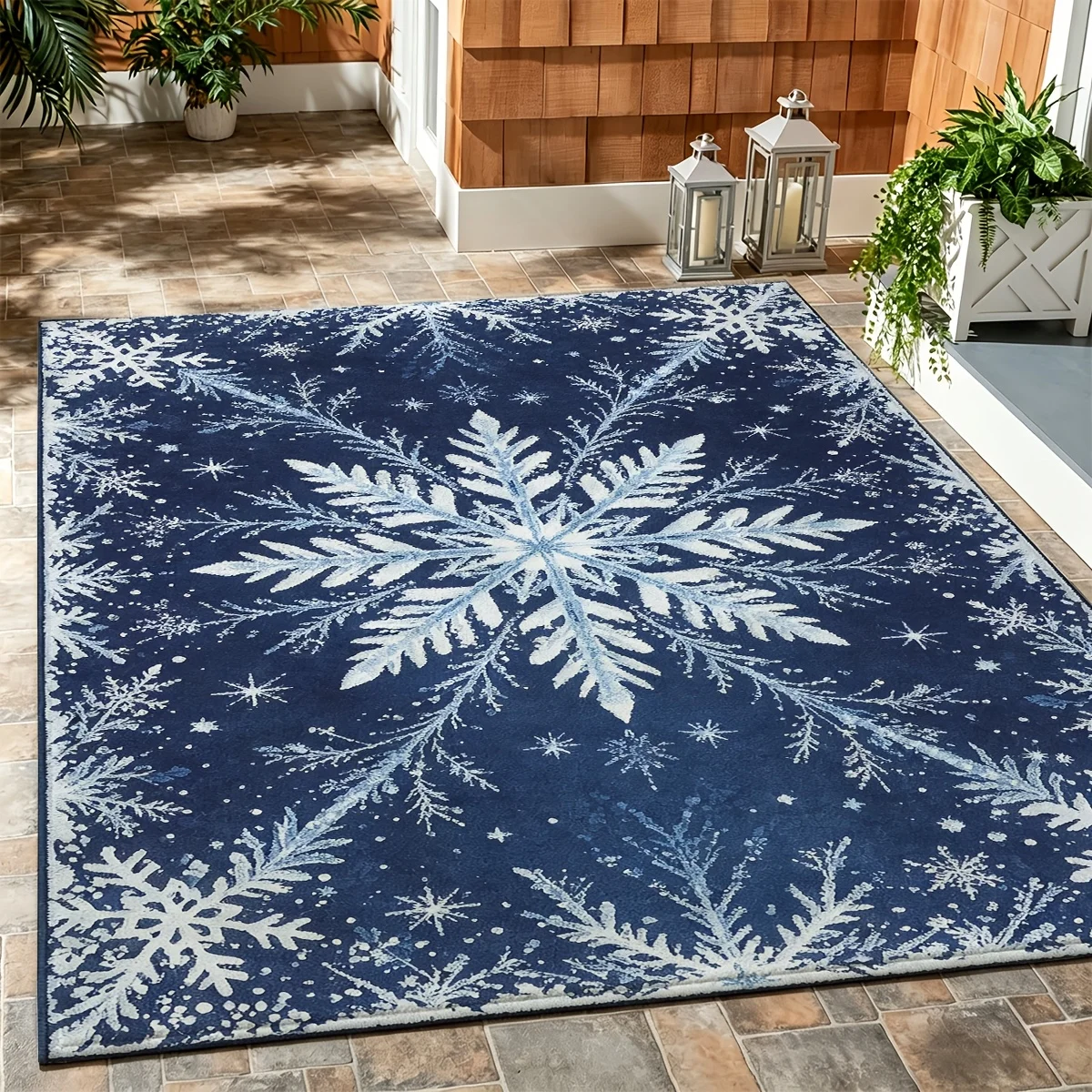 1pc 2D Flat Navy Blue Snowflake Area Rug, Winter Themed, Soft & Machine Washable, for Patio, Hallway, Living Room Decor