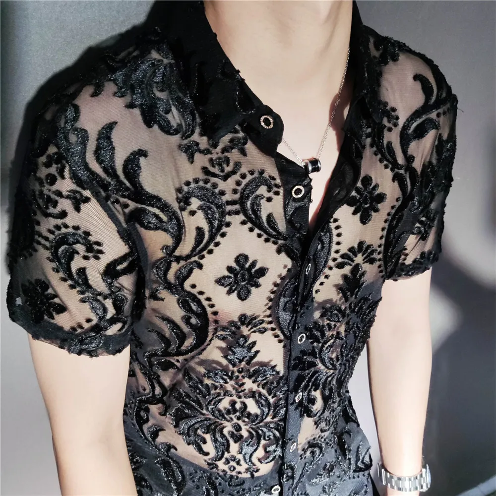 

High Quality Transparent Floral Shirt Black Soft Velvet Slim-fit Men's Clothing Nightclub Short-sleeved Sexy Shirt See Through