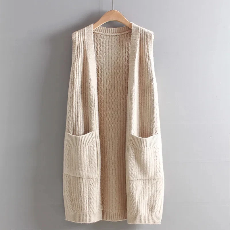 

Sleeveless Knitted Vest 2024 Solid Loose Long Coat Female Autumn Women Korean Fashion V-Neck Sweater Cardigan Outerwear