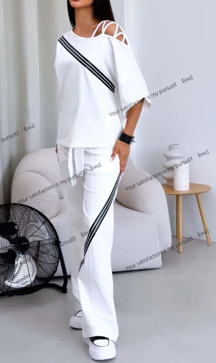 

ZOCI-Новая мода, женская белая спортивная одежда из двух частей, свободная и сексуальная спортивная одежда с открытыми плечами + повседневные брюки