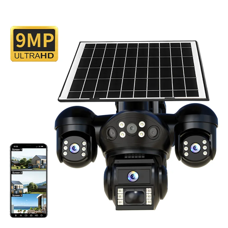 9MP V380pro  APP Solar Power Triple Lens  AOV  4G WIFI Camera Full Color AI Humanoid Detection Home Security CCTV Baby  Monitor