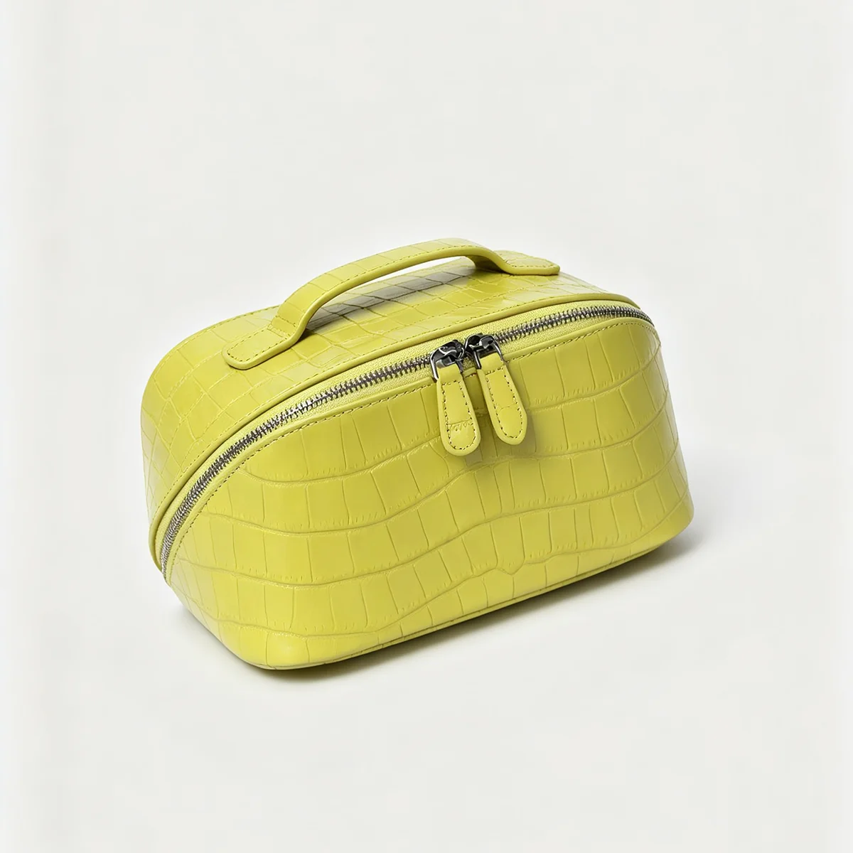 Authentisches Leder-Kosmetikset für Damen, Zitronengelbe Farbpalette, Beauty-Organizer, hochwertiges Rindsleder, Krokodilprägung, Reise-Waschtasche – Detail 17