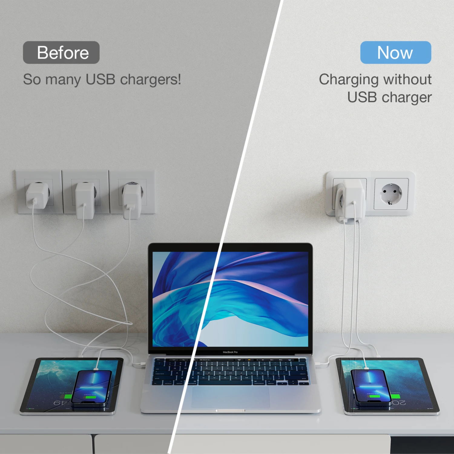TESSAN 3600W EU Socket Adapter with 1 Schuko Outlet 2 USB A Ports Compact 3-IN-1 DE Wall Plug Socket for Home Office Phone Pad