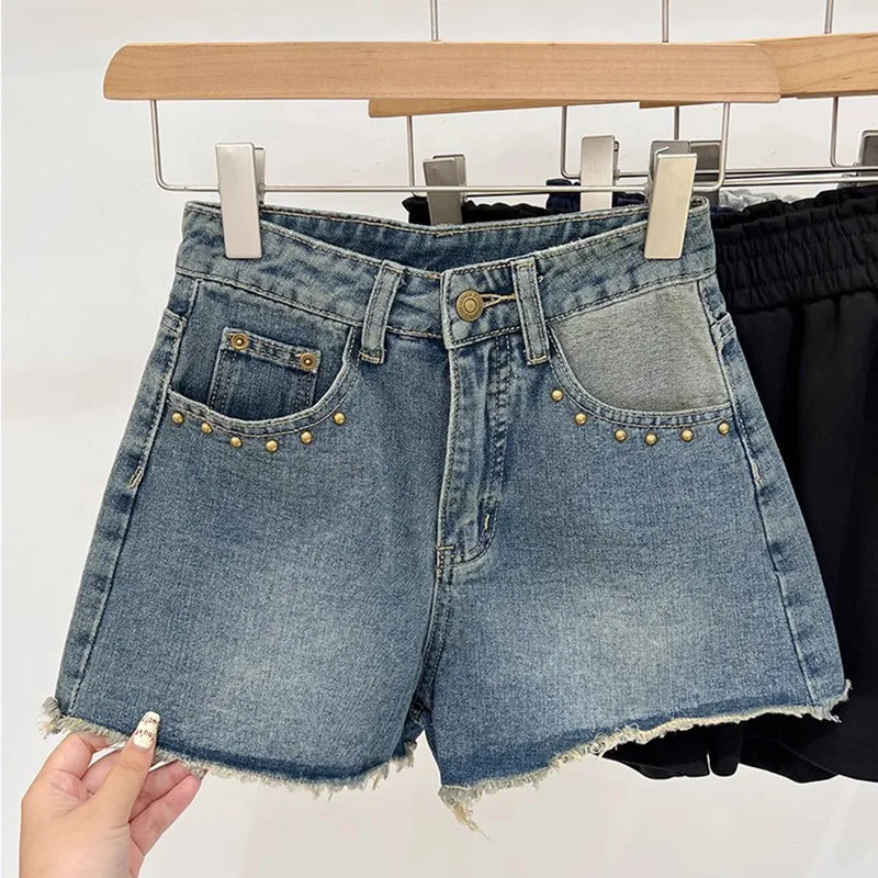 American Rivet Frayed Hot Pants For Women Summer Casual Fashion Female Washed Retro Patchwork Color Blocking Denim Shorts