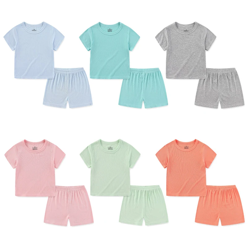 2 Pieces Solid Color Boy Sets 12M-5T Cotton Tops+Shorts Short Sleeve Girl Pajama Sets Active Casual Summer