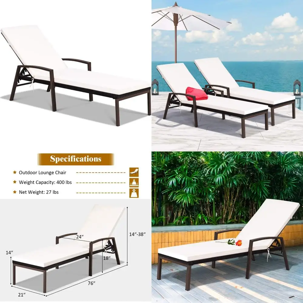 

Outdoor Wicker Reclining Chaise Lounge Chair with Cushion and Adjustable Armrest