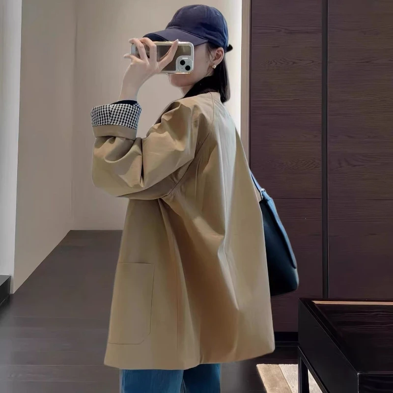 

2025 весенне-осенний плащ цвета хаки для миниатюрных женщин, повседневная свободная куртка в корейском стиле с высокой талией, ветрозащитный дизайн