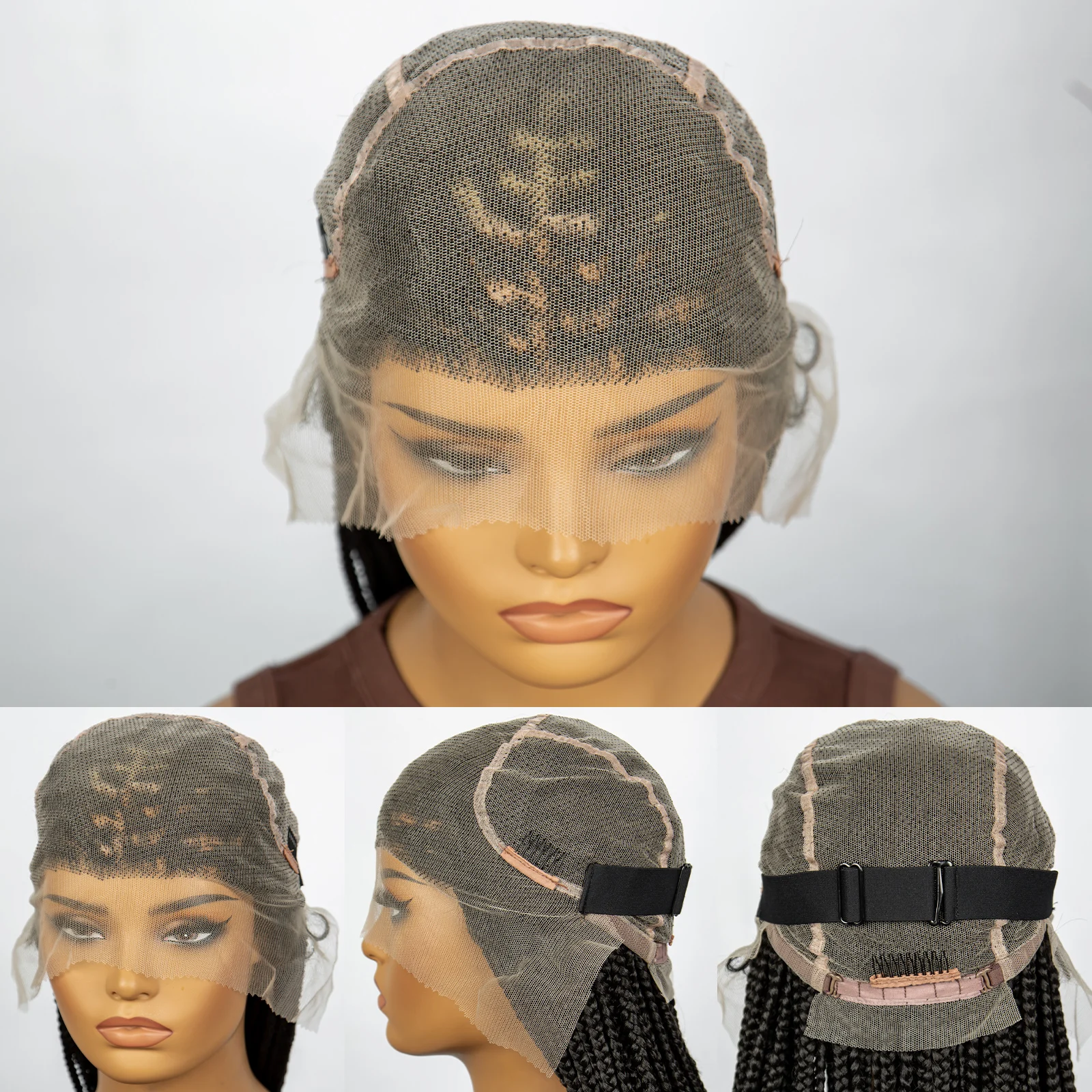 Wig kepang kotak renda penuh untuk wanita, dengan rambut bayi Wig kepang 32 inci Wig rambut keriting warna alami tanpa simpul