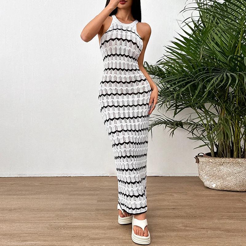 Европейские и американские новые сексуальные накидки с круглым воротником, вязаное черно-белое платье без рукавов, пляжная одежда, женский праздник