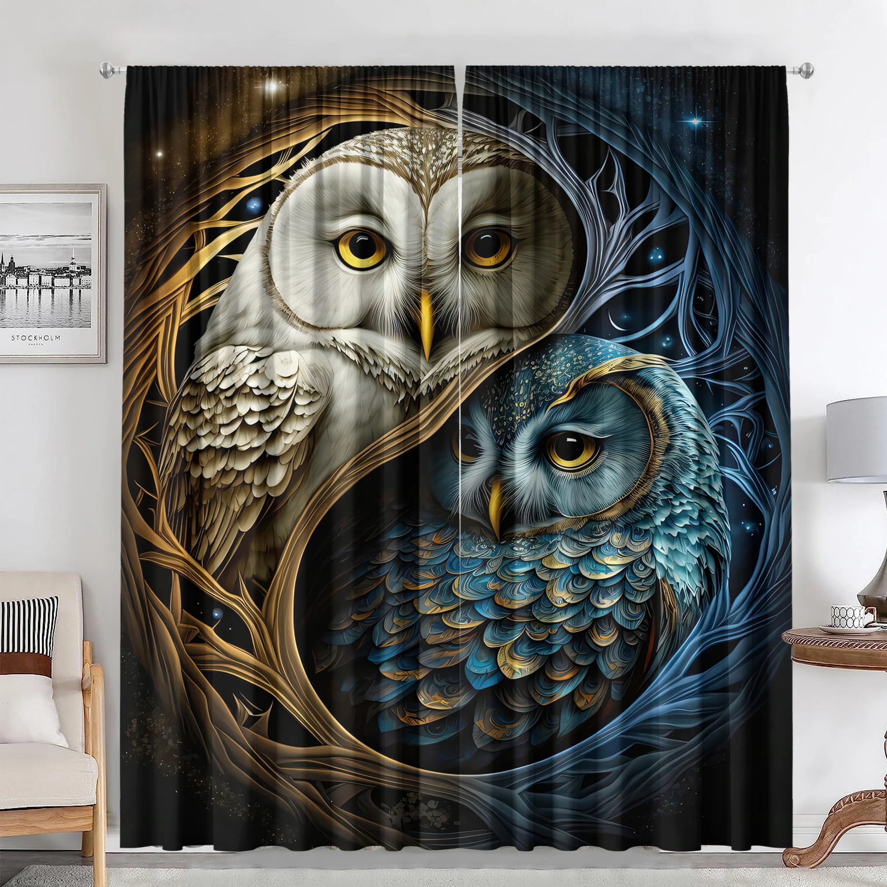 

2Pcs Fantasy Dragon Tiger Lion Owl Five Elements Bagua Style Rod Bag Window Curtains Kitchen Cafe Living Room Bedroom Garden