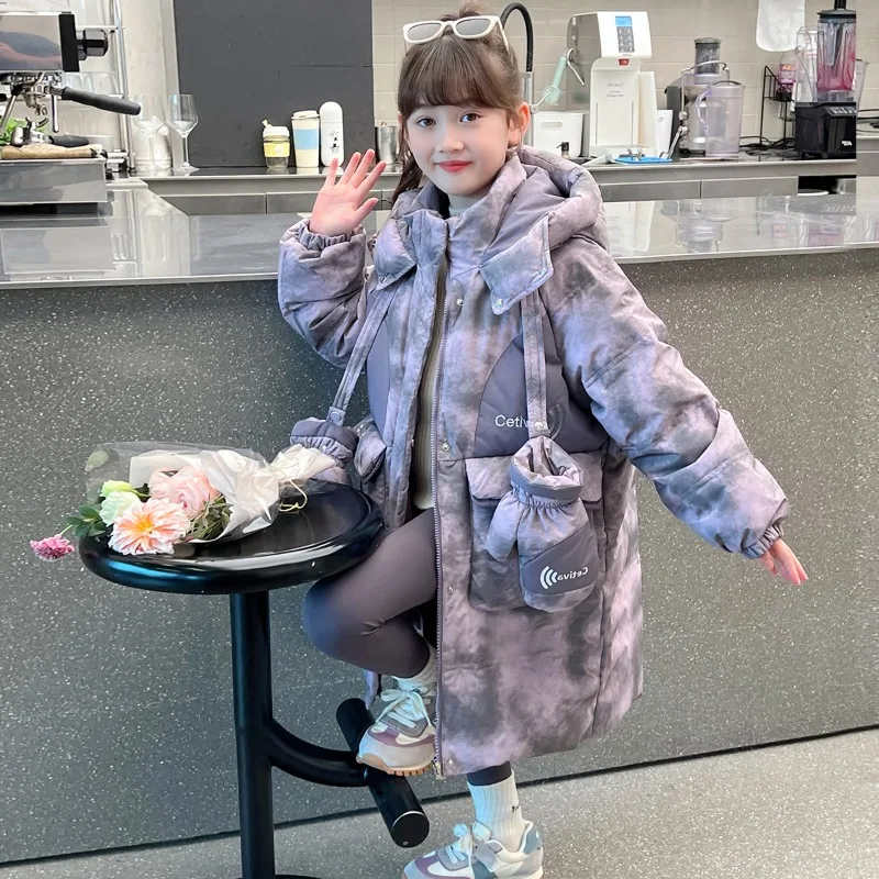 

Winter New Down Cotton Jacket 2024 Children's Clothing Medium Long Tie Dye Fashionable Gloves Two-piece Jacket Set