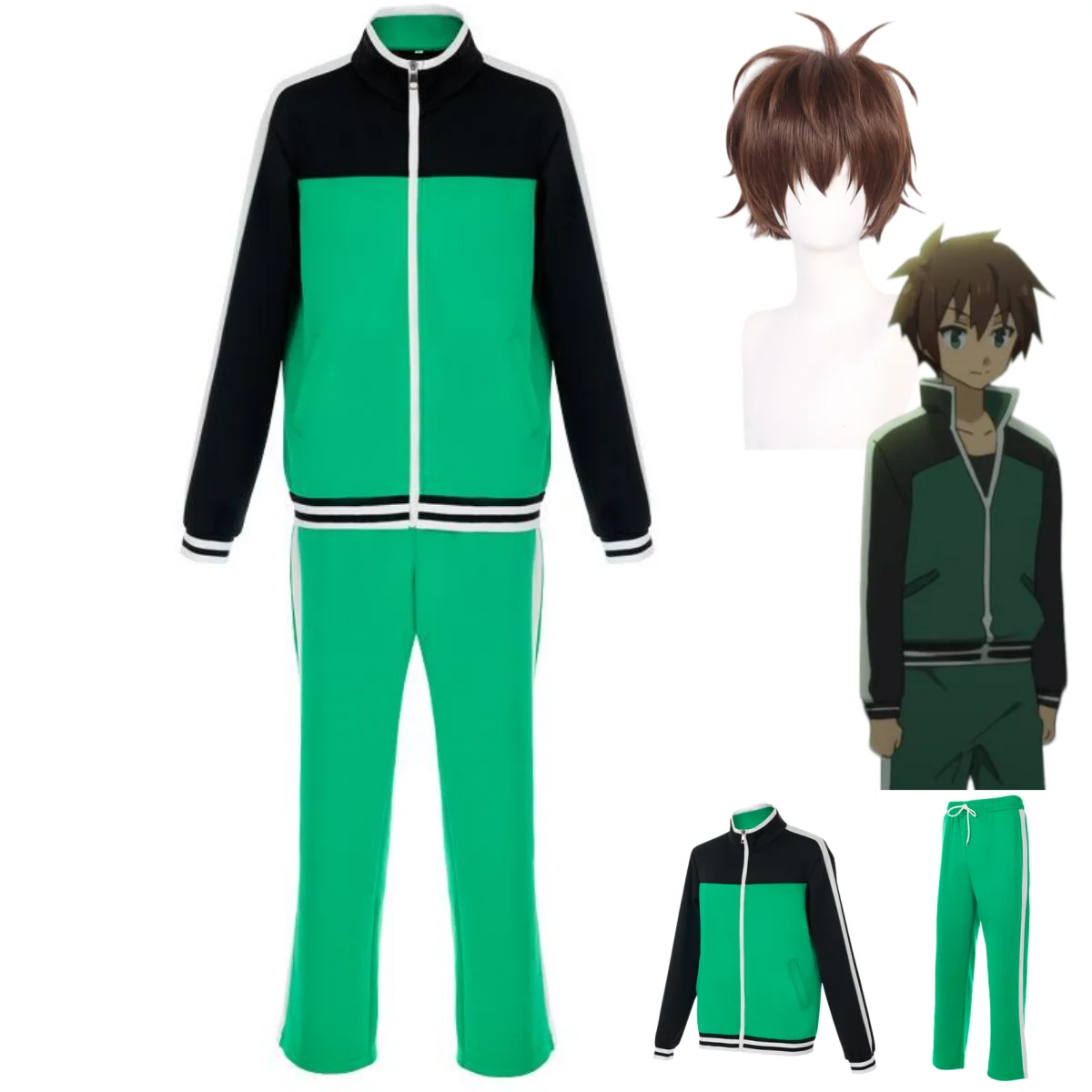 Satou Kazuma KonoSuba Cosplay Set - Green Tracksuit Hoodie Wig Halloween Costume for Men - view 4