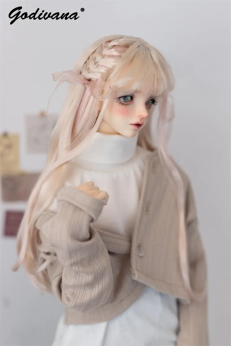 Sweet BJD Doll Smooth Wig Ombre Braided Twin Tails Heat Resistant Synthetic Hair Milk‑Silk Long Curly Wig for 1/3 1/4 BJD Hair