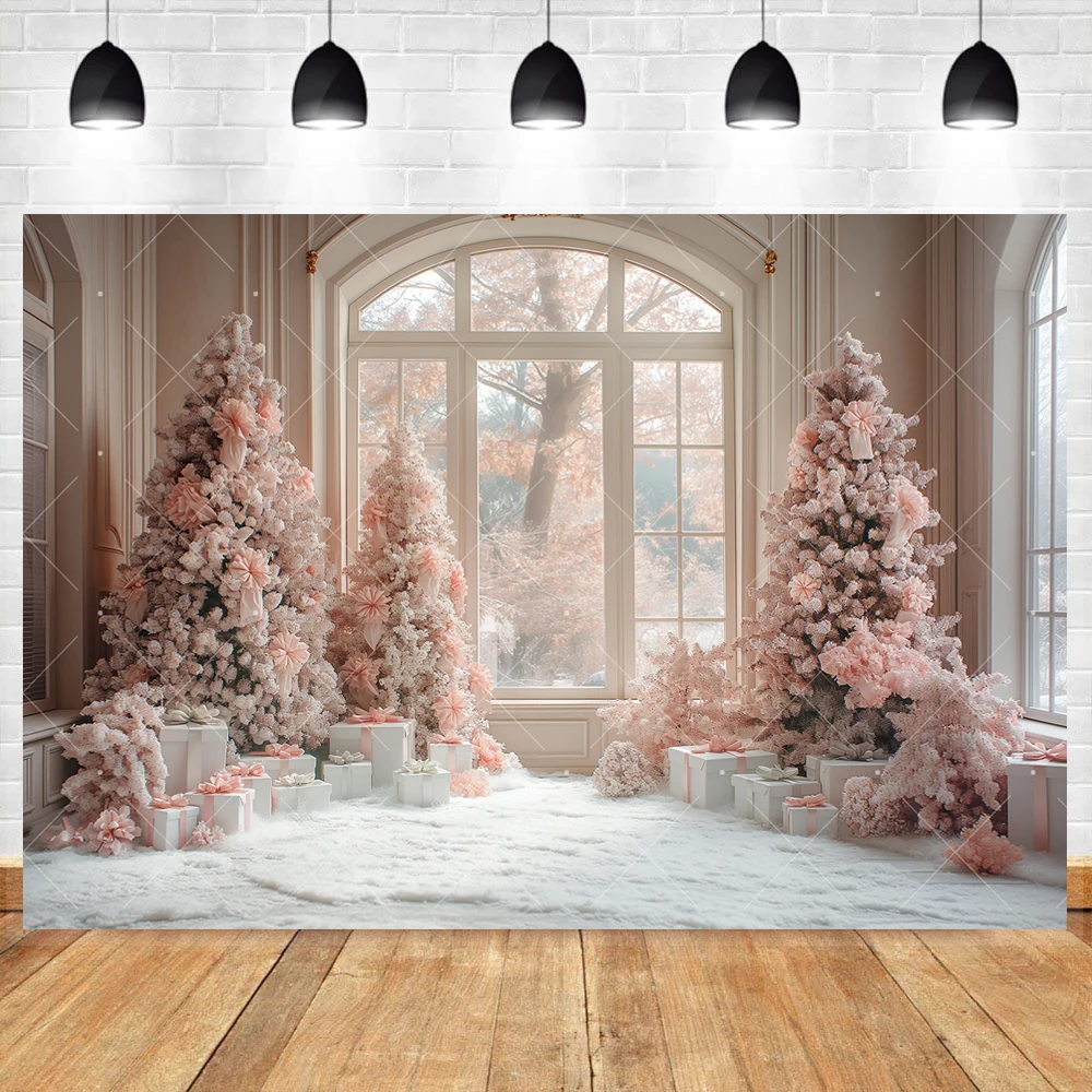 Pink Christmas Tree Background Custom Xmas Party Decor Banner Retro Palace Indoor Window Gift Kids Portrait Photography Backdrop