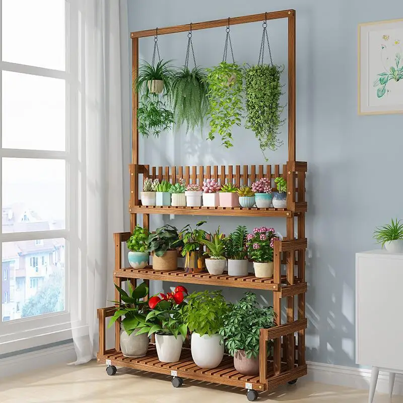 

Indoor stepped flower stand movable solid wood living room plant flower stand