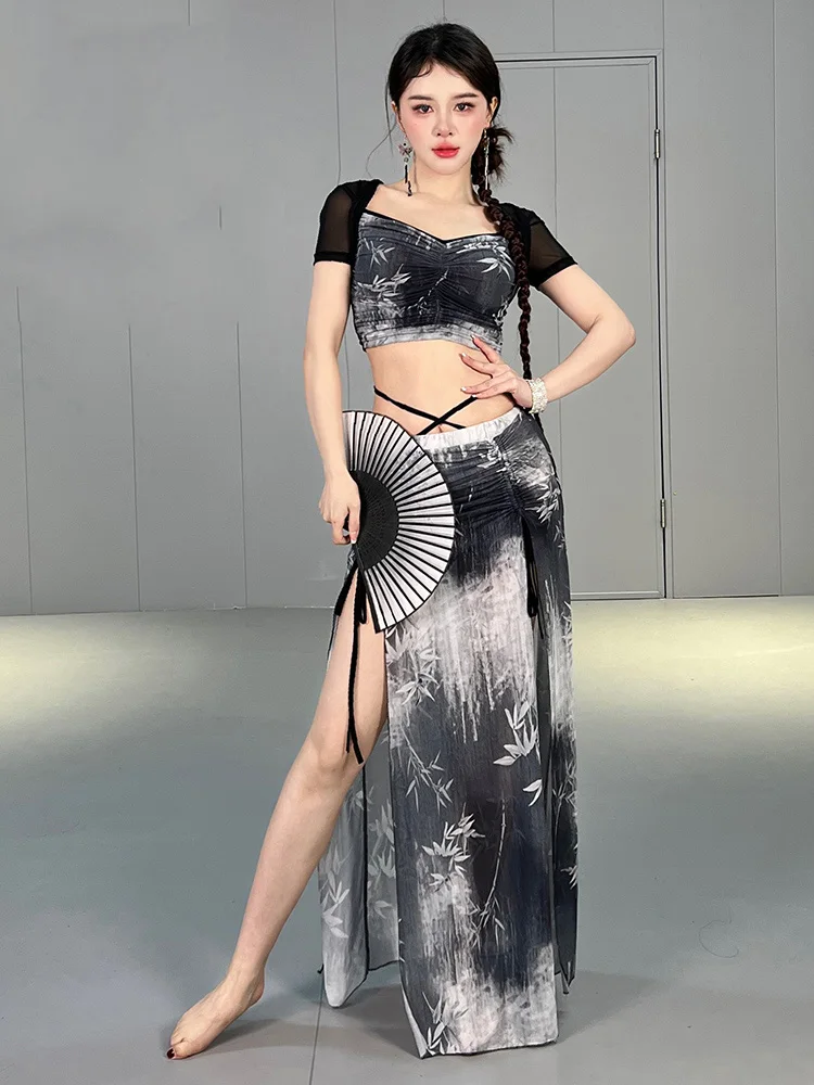 

Sexy Belly Dance Costume ort Sve Me Print Practice Suit Eastern Dance Performance Outfit Set Women's Fitn Apparel