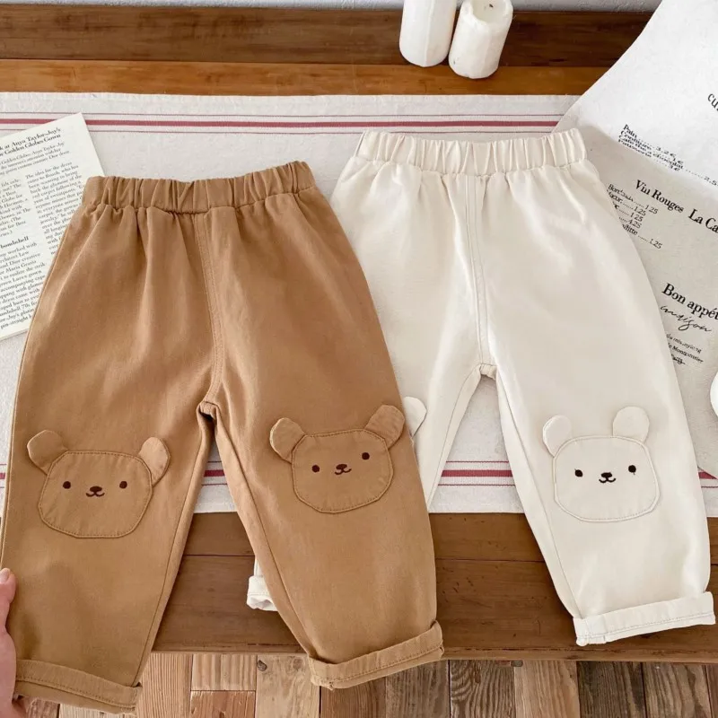 

Newborn Boy Girl Cotton Bear Casual Pants Infant Toddler Child Cute Solid Loose Long Trousers Spring Autumn Baby Clothes 9M-2T