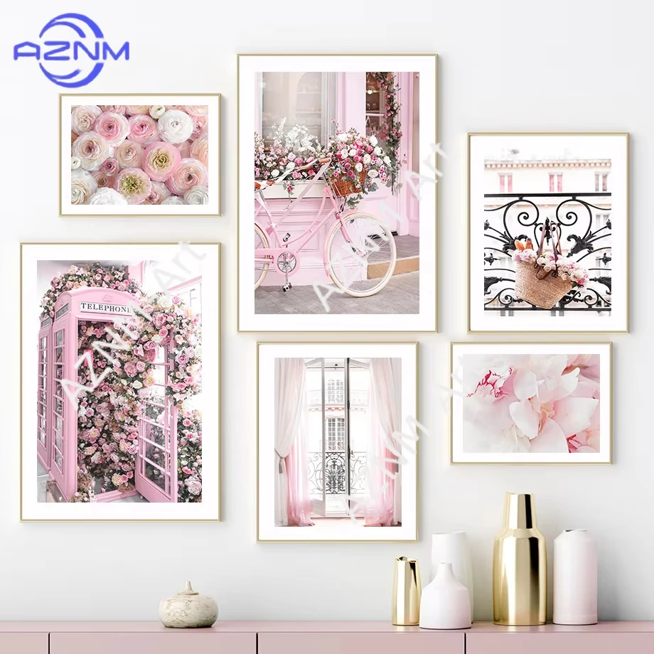 Pósteres de paisaje de flores frescas de París, rosa, peonía, Sakura, pintura en lienzo, imágenes artísticas de pared para decoración de sala de estar, 1 ud.