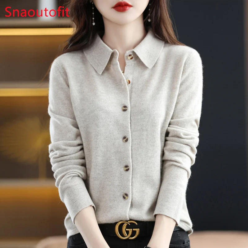 100% Merino Wool Cardigan Women\'s POLO Neck Knit Sweater Spring/Autumn Commuting Loose Top Soft Cashmere Sweater Office Formal