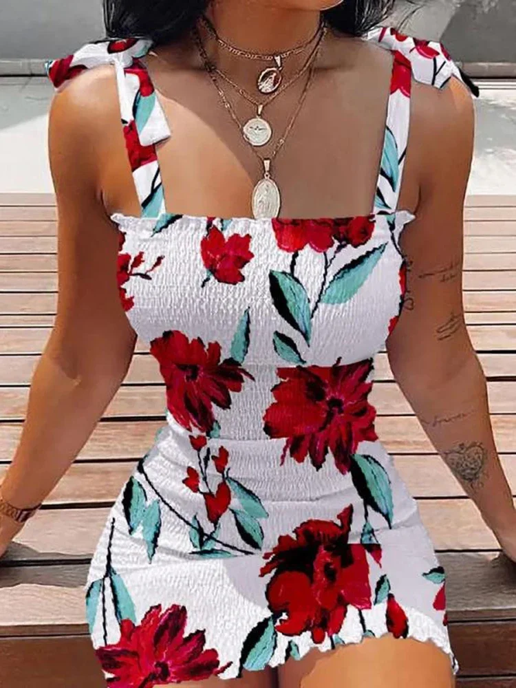 Verano Sexy ceñido al cuerpo paquete caderas vestido envolvente mujeres Casual sin mangas con cordones moda Floral Mini vestido mujer vestido veraniego ajustado