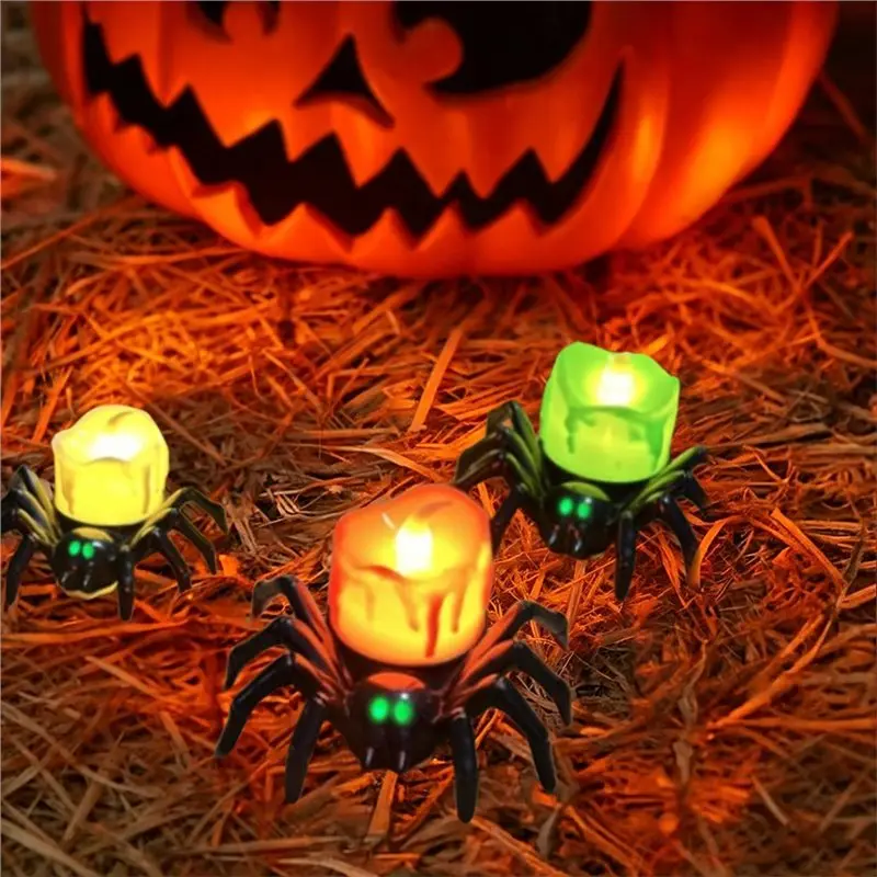 A76X-Spooky Halloween Decorations 6 PCS Spider Tea Light Candles LED Flameless Spider Candles Holders