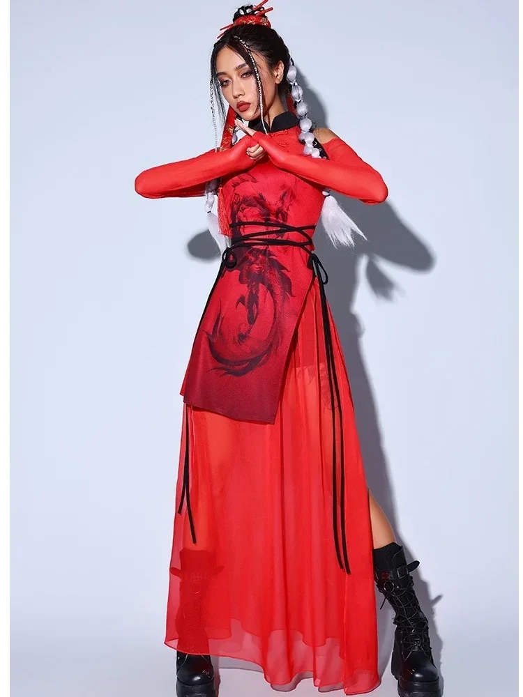 Women Jazz Dance Costumes Girls Group Gogo Dancers Performance Hip Hop Stage Wear Chinese Style Red Loose Outfits