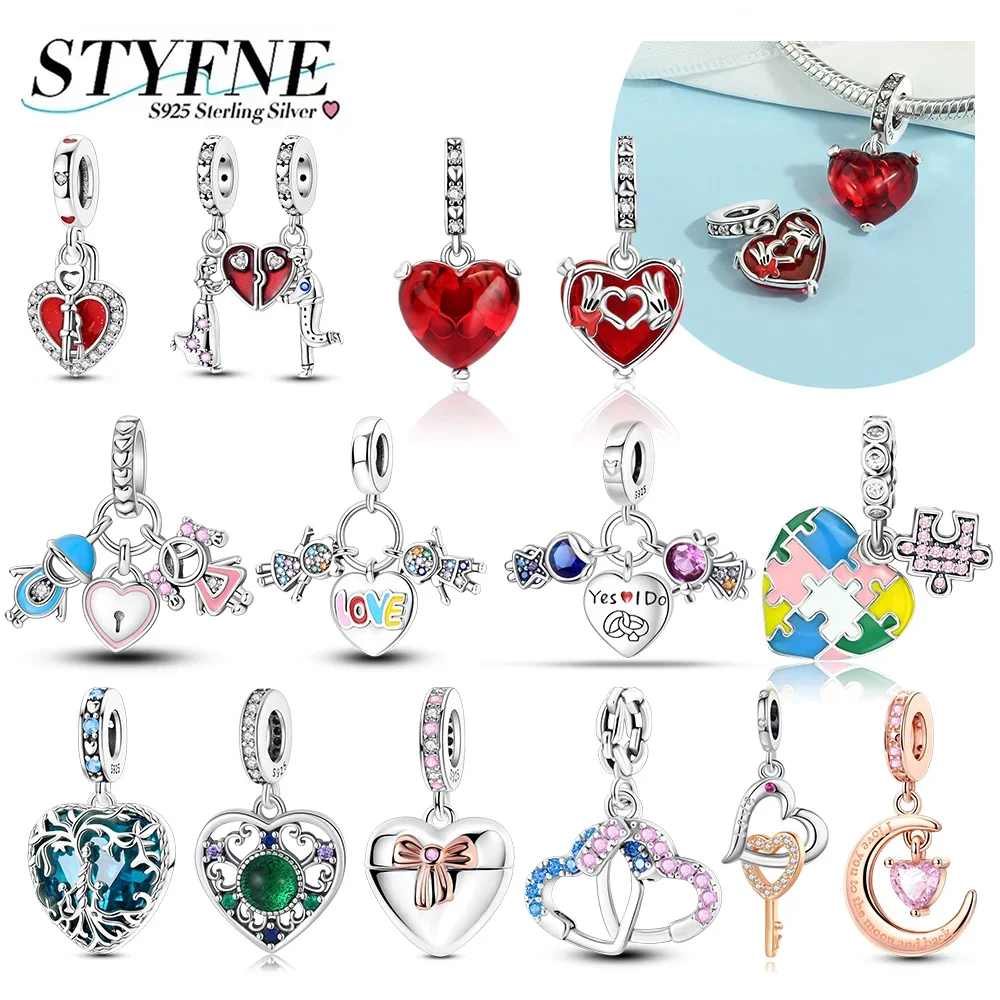 Original Charms 925 Silver Plated Colorful Zircon Heart-shaped Beads Pendant Fit DIY Bracelet Bag Keychain Dangle Women Gift