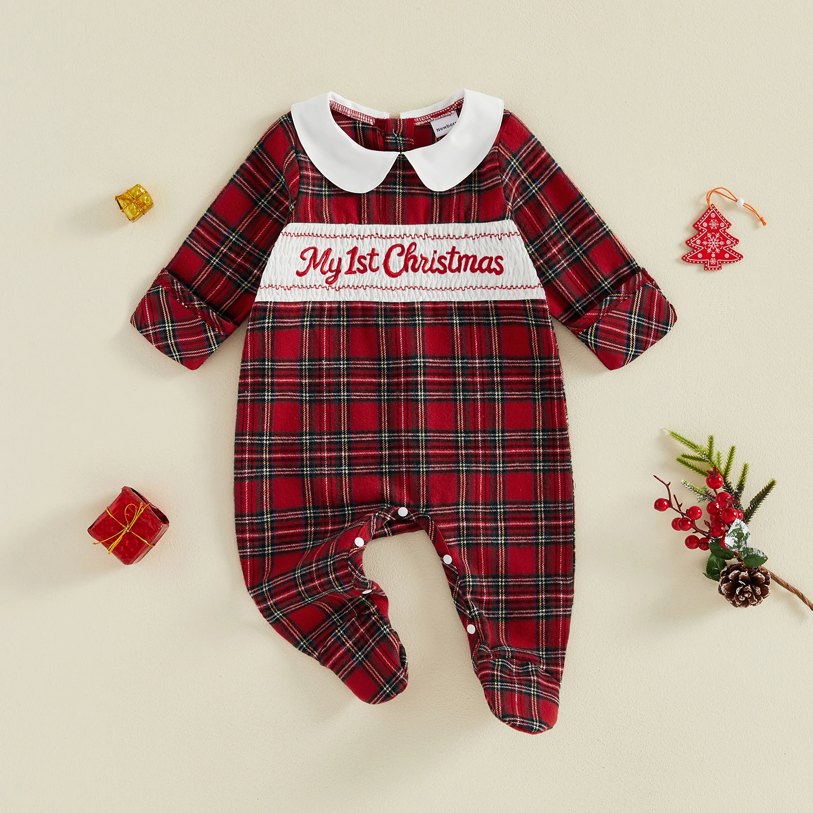 Baby Boy My First Christmas Romper Long Sleeve Plaid Letter Printed Footies Jumpsuit Xmas Costume