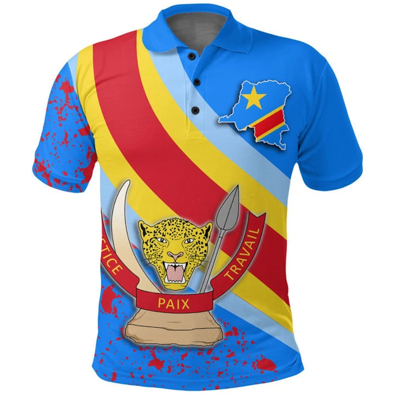 Democratic Republic Of The Congo Flag Map 3D Printed Polo Shirts For Men Clothes National Emblem Male POLO Shirt Boy Button Tops