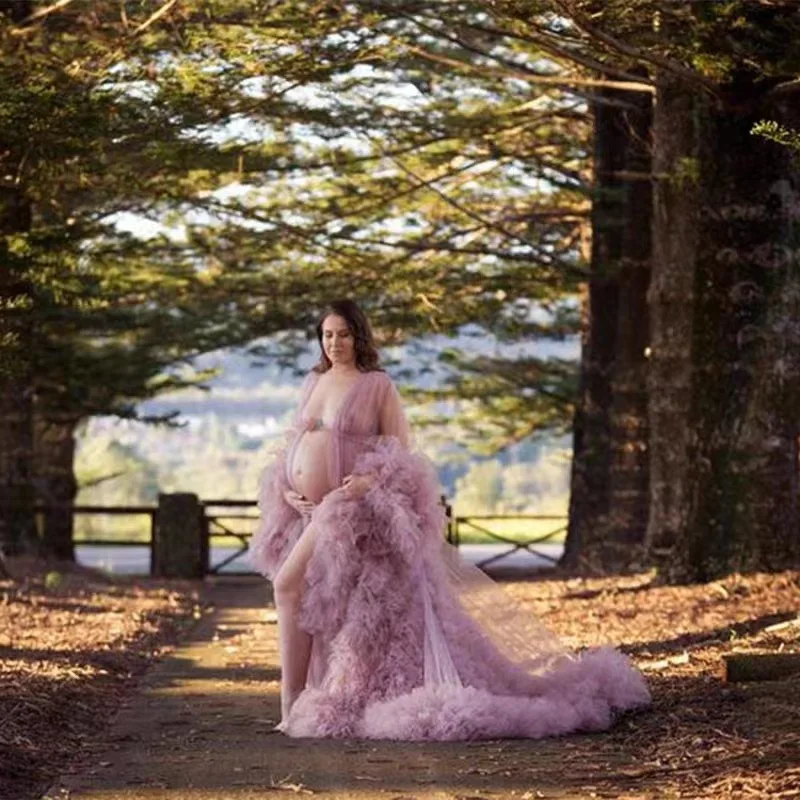 Robe longue en tulle mauve pour femme, robe formelle sexy, col en V, train à volants, adaptée pour les séances photo, baby shower, invité de mariage, 18035 #