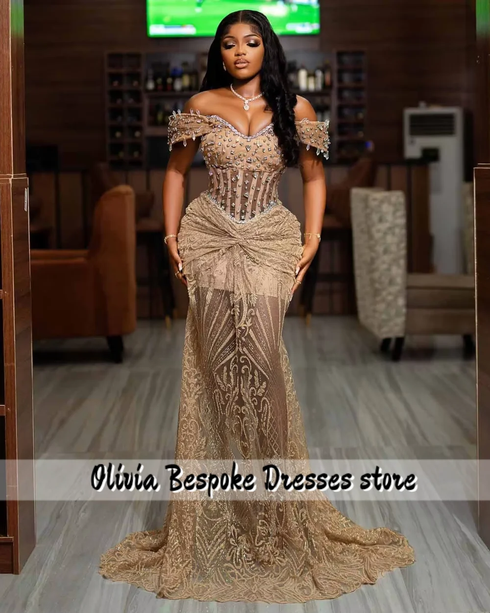 Кружевное платье цвета шампанского с бисером Aso Ebi Русалка Вечерние платья с открытыми плечами Африканская официальная свадьба Черные девушки Свадьба по индивидуальному заказу