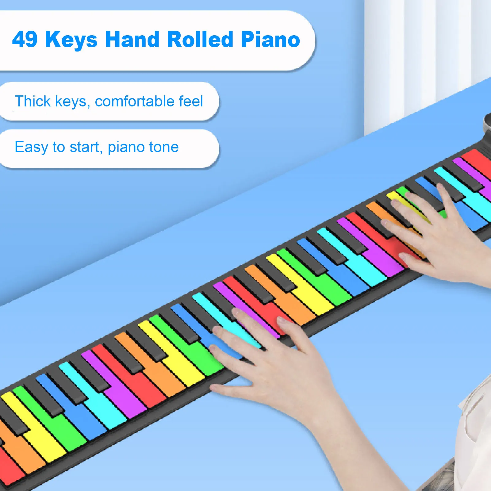 

Портативное фортепиано, перезаряжаемая клавиатура для фортепиано, красочная 49 клавиш, 6 демонстрационных песен, гибкий силиконовый встроенный динамик для дома