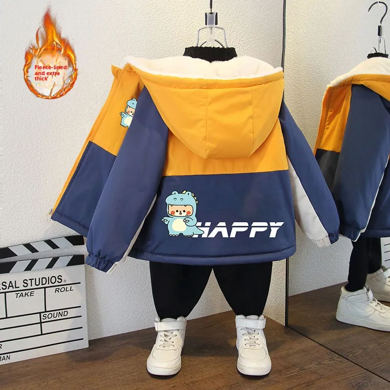 

Thiened Fce Baby Coat Autumn Winter New 2024 Cartoon Cotton Jaet Hooded Patchwork Color Toddler Kids Warm Outerwear