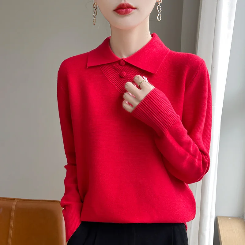 Fall/Winter 2024 New Women's POLO Neck Long Sleeve Korean version of 100% Pure Wool Simple Leisure Knitted Cashmere Sweater