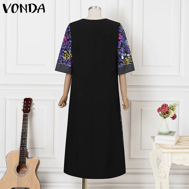 VONDA ชุดเดรสยาวผู้หญิง ดีไซน์หรูหรา แขนครึ่งตัว ลายดอกไม้ ชุดลำลองทรงหลวม สไตล์สตรีทแวร์ ชุดเดรสโอเวอร์ไซส์