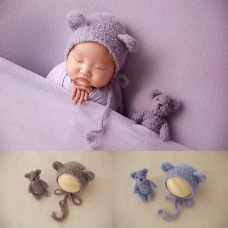 

Newborn Photography Props Colorful Handmade Knitting Bear Hat with Doll 2pcs Set Accessories for Baby Studio Picture Photo Shoot