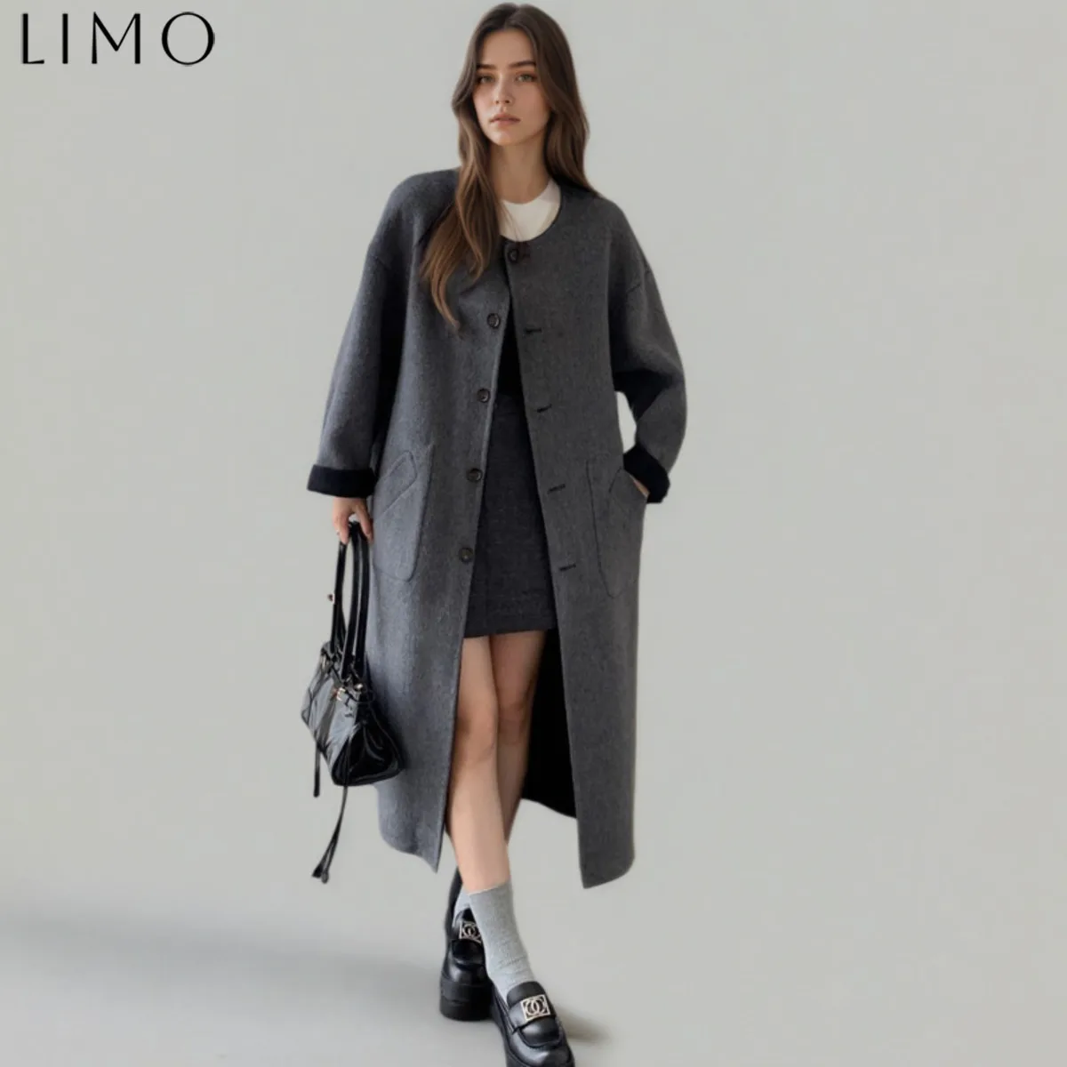 

LIMO [Лесной иллюстрированный журнал] Двустороннее шерстяное пальто Длинное пальто для женщин Зимнее двустороннее высокое новое модель в стиле Хепберн