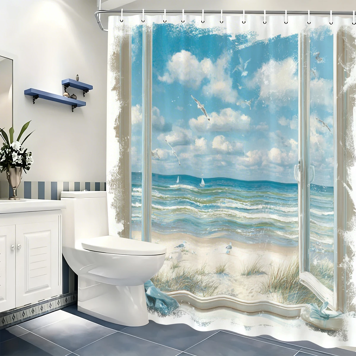 

Vibrant Seaside Outside The Window Pattern Polyester Shower Curtain - Beach Style Bathroom Decor Fabric Bathtub Curtain